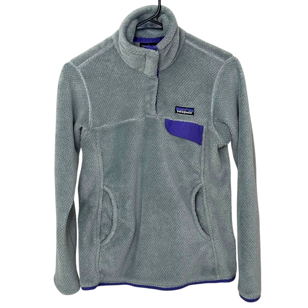 Patagonia Re-Tool Snap-T Grey‎ Purple Trim Fleece Pullover Jacket Women's Small